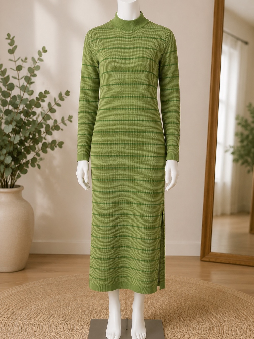 Green Striped Knit Midi Dress